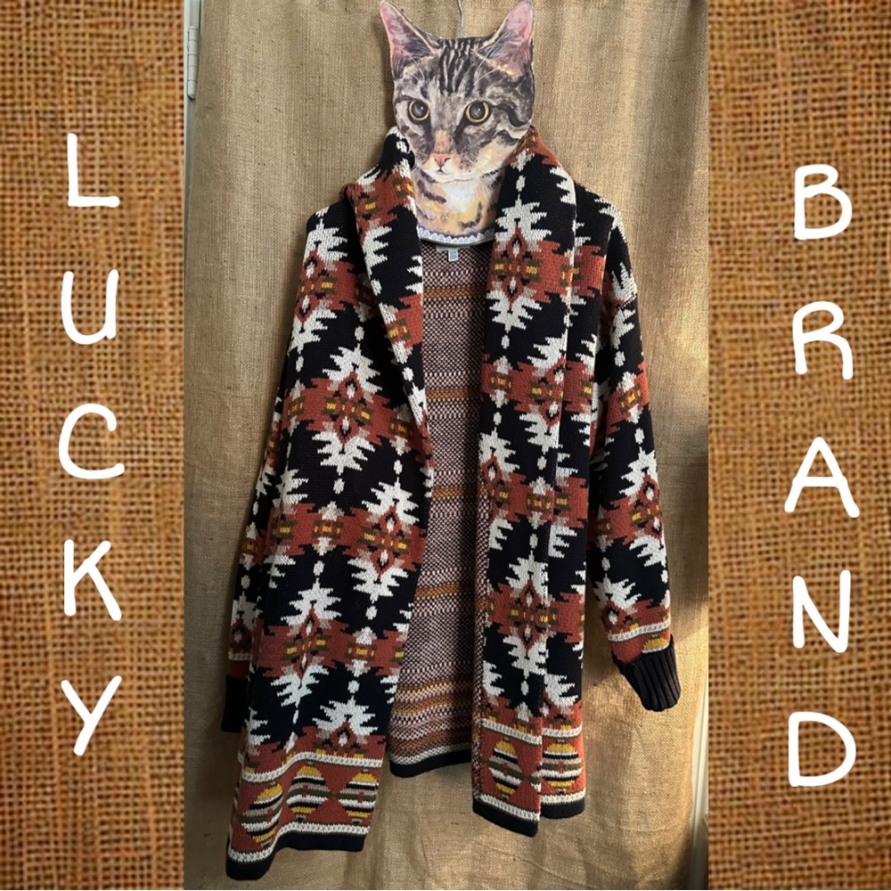 Lucky Brand 🍀 Aztec Southwestern 🧡🖤💛🤍Knit Cardigan Sweater/Coat 1X Shawl Collar